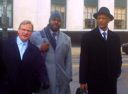Bobby Ferguson, center, is seen with his attorneys Mike Rataj and  Gerald Evelyn. (credit: WWJ/Vickie Thomas, File)