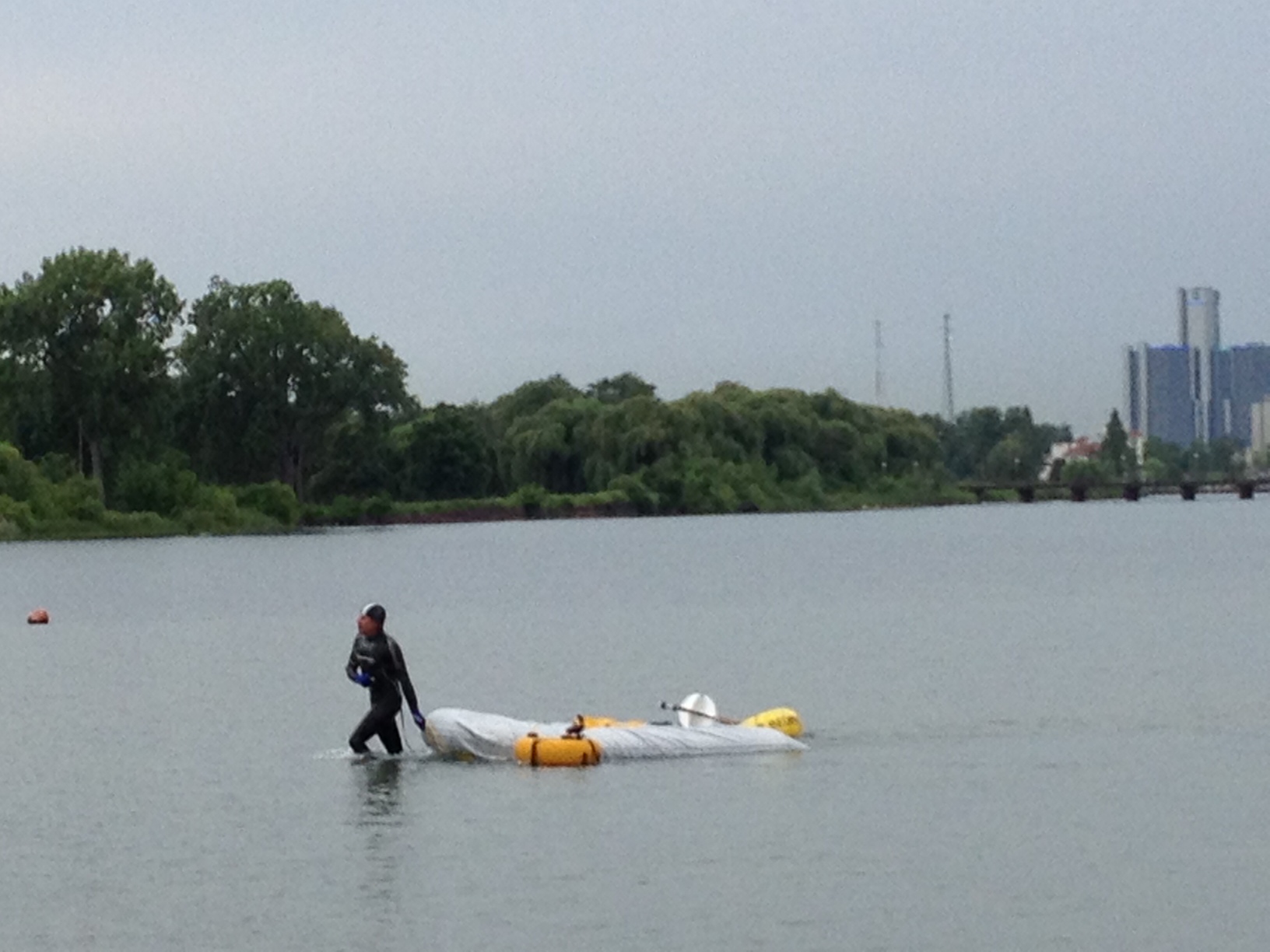 Jim Dreyer comes ashore at Bell Isle. (credit: Mike Campbell/WWJ)