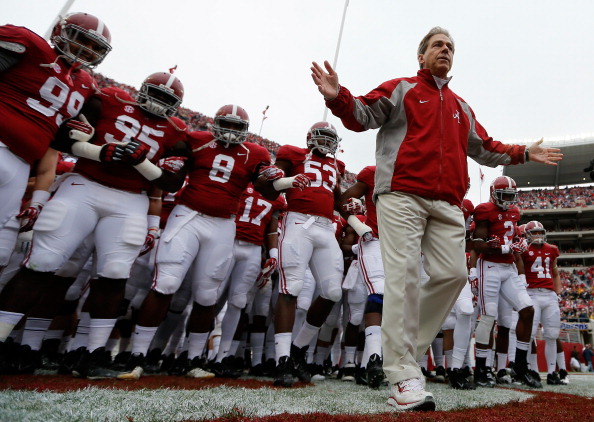TUSCALOOSA, AL - NOVEMBER 23:  Head coach Nick Saban of the Alabama Crimson Tide leads his team on the field to face the Chattanooga Mocs at Bryant-Denny Stadium on November 23, 2013 in Tuscaloosa, Alabama.  (Photo by Kevin C. Cox/Getty Images)