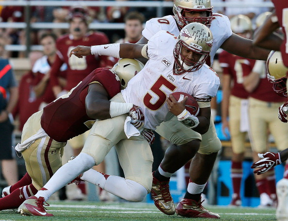 CHESTNUT HILL, MA - SEPTEMBER 28: Jameis Winston #5 of the Florida State Seminoles runs the ball  in the second half against the Boston College Eagles in the second half at Alumni Stadium on September 28, 2013 in Chestnut Hill, Massachusetts. (Photo by Jim Rogash/Getty Images)