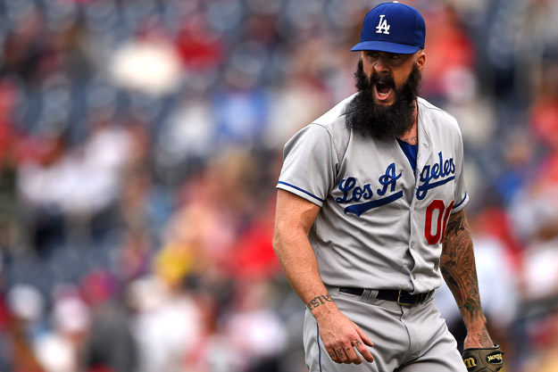 WASHINGTON, DC - MAY 07: Pitcher Brian Wilson reacts after pitching in the eighth inning against the Washington Nationals at Nationals Park on May 7, 2014 in Washington, DC. 