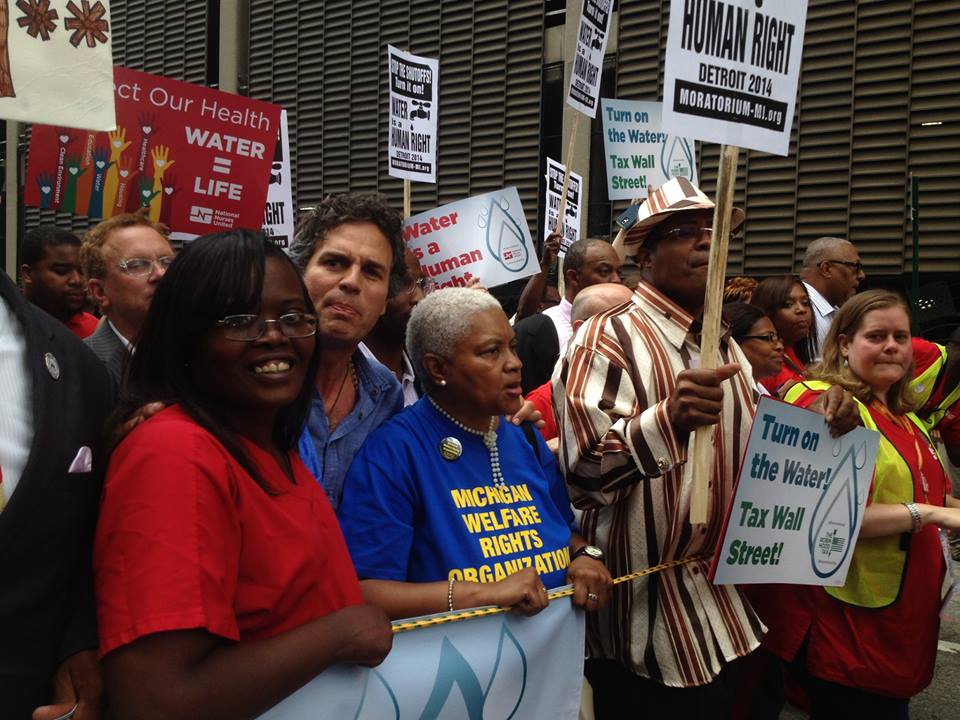 Actor Mark Ruffalo, second from left, appears at a protest in Detroit. (credit: Sandra McNeil/WWJ)