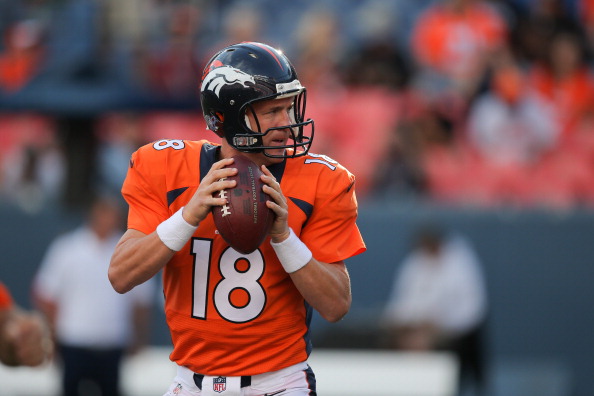 Quarterback Peyton Manning #18 of the Denver Broncos drops back to throw during team warm ups before a preseason game against the Seattle Seahawks at Sports Authority Field at Mile High on August 7, 2014 in Denver, Colorado.  (Photo by Doug Pensinger/Getty Images)