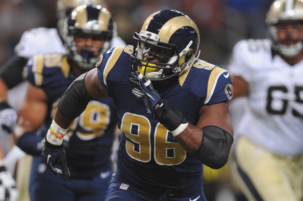 Michael Sam #96 of the St. Louis Rams pass rushes against the New Orleans Saints in a preseason game at the Edward Jones Dome on August 8, 2014 in St. Louis, Missouri.  (Photo by Michael B. Thomas/Getty Images)