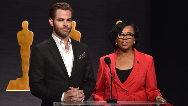 Chris Pine and Academy President Cheryl Boone Isaacs (Photo by Kevin Winter/Getty Images)