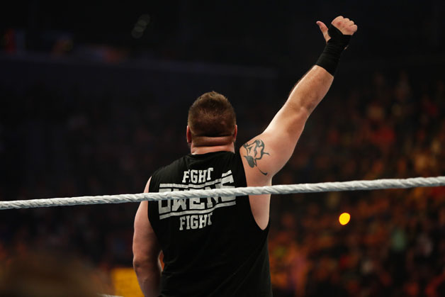 Kevin Owens celebrates his victory over Cesaro at the WWE SummerSlam 2015 at Barclays Center of Brooklyn on August 23, 2015 in New York City. 