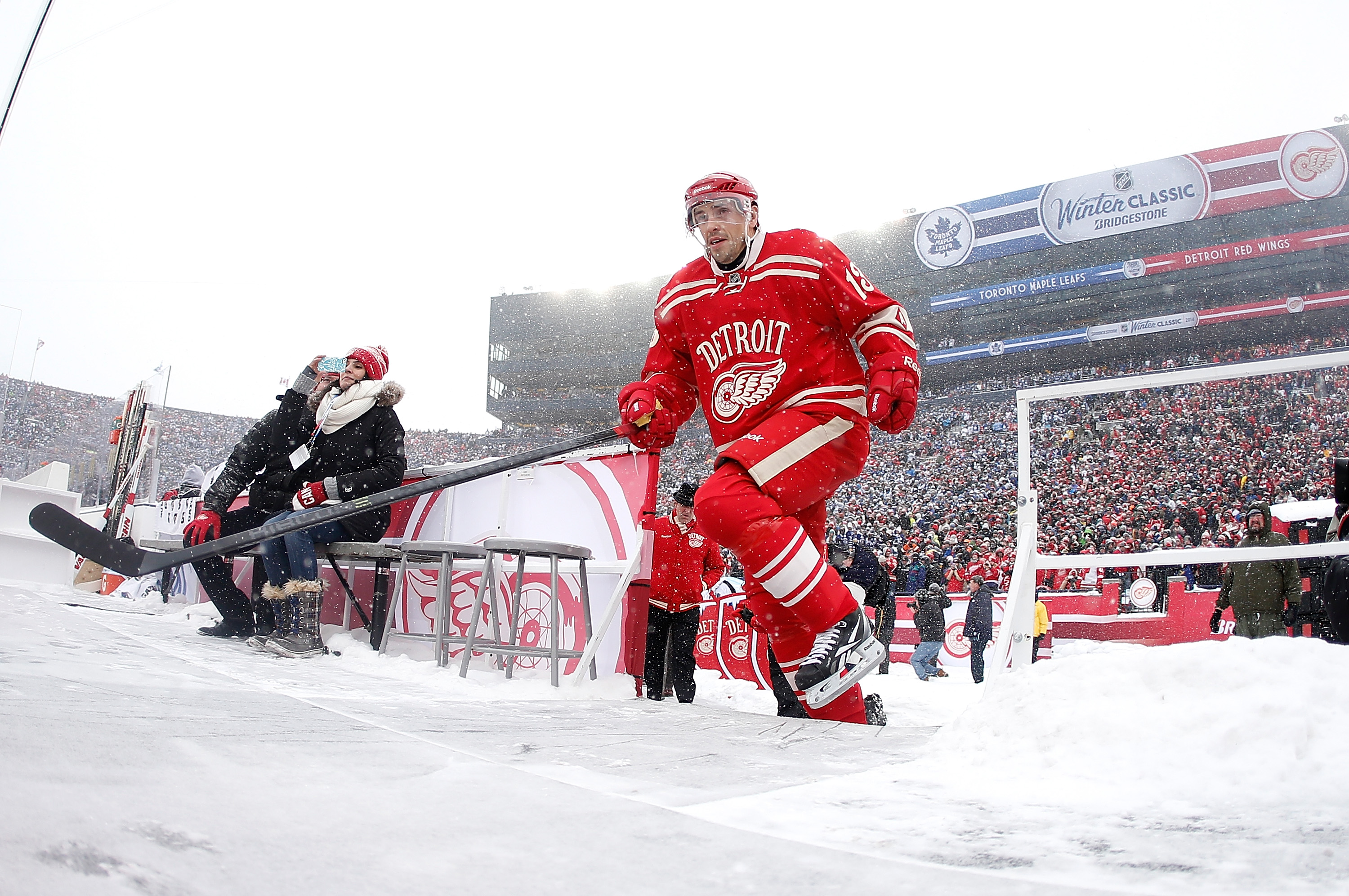ANN ARBOR, MI - JANUARY 01: Pavel Datsyuk #13 of the Detroit Red Wings takes the ice during the 2014 Bridgestone NHL Winter Classic at Michigan Stadium on January 1, 2014 in Ann Arbor, Michigan. Toronto won the game 3-2 in a shootout. (Photo by Gregory Shamus/Getty Images) 
