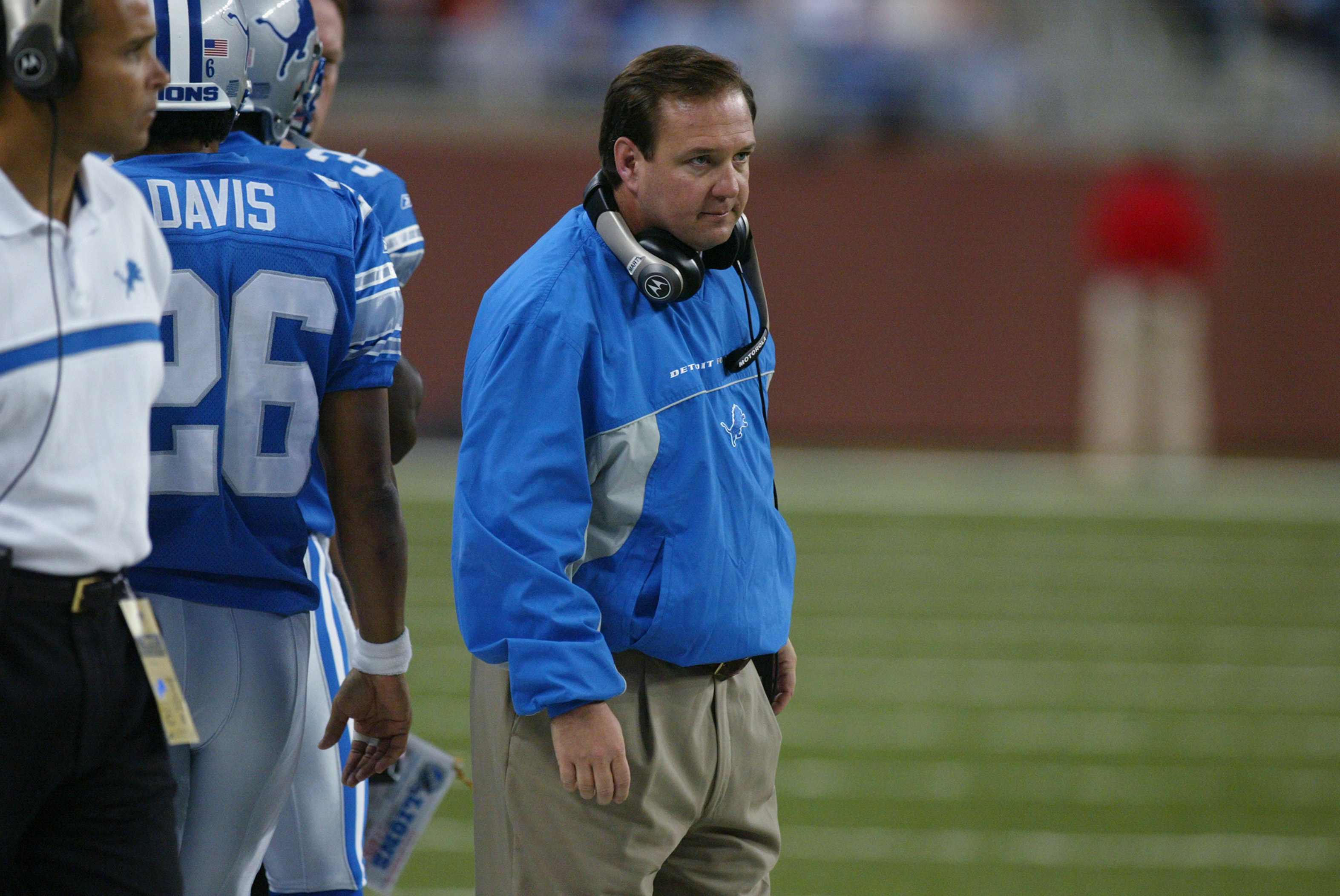DETROIT - OCTOBER 20:  Head coach Marty Mornhinweg of the Detroit Lions looks on from the sideline during the NFL game against the Chicago Bears at Ford Field on October 20, 2002 in Detroit, Michigan. The Lions beat the Bears in overtime 23-20.  (Photo by Danny Moloshok/Getty Images)