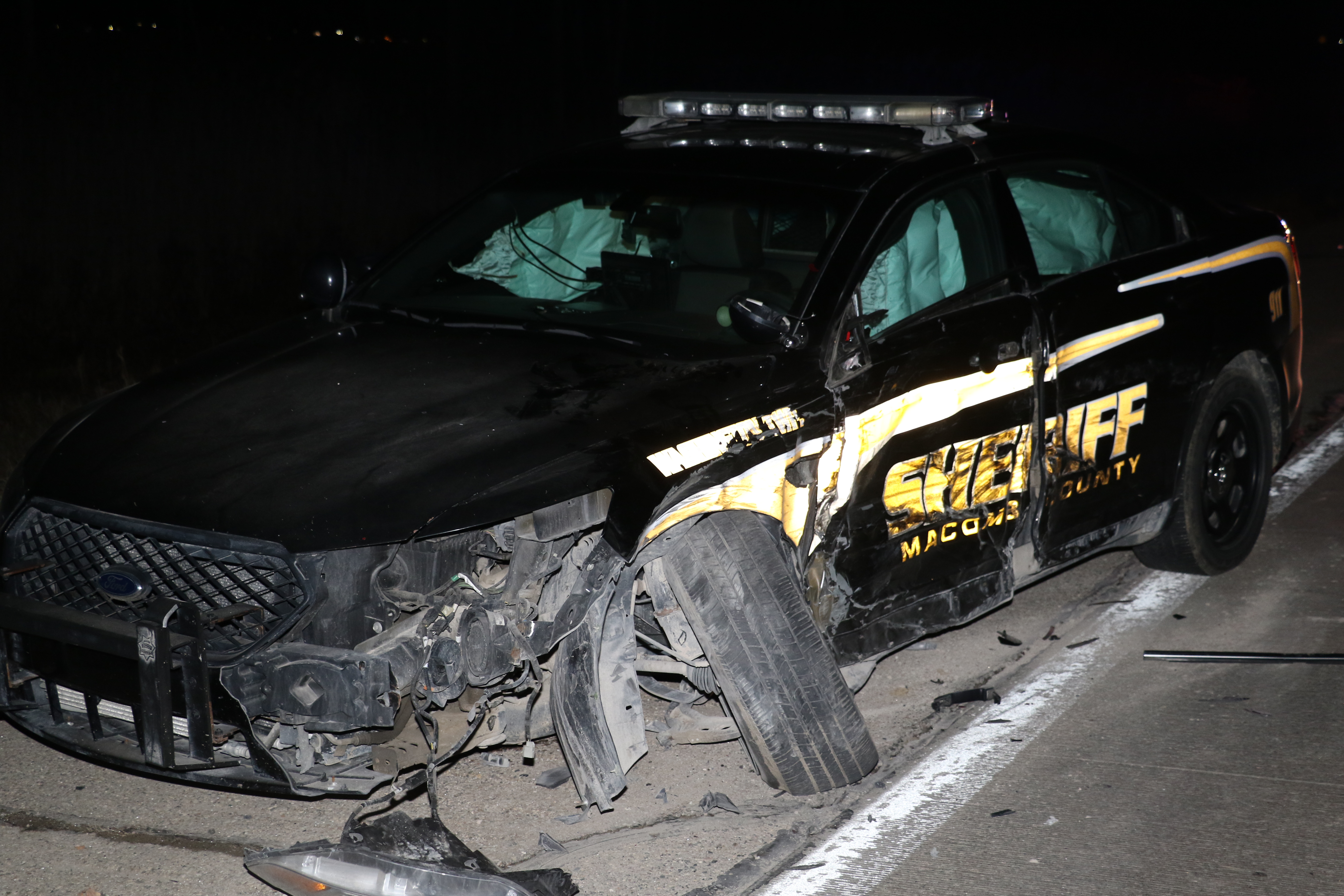 A Macomb County Sheriff's Department car was smashed by a drunk driver. (police photo)