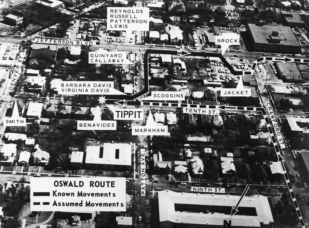 A map of Oak Cliff in Dallas, showing the location of eyewitnesses to the movements of Lee Harvey Oswald in the vicinity of the killing of police officer J. D. Tippit, 22nd November 1963. Tippit was shot by Oswald whilst attempting to bring him in for questioning in relation to the assassination of President John F. Kennedy. (Photo by Central Press/Hulton Archive/Getty Images)