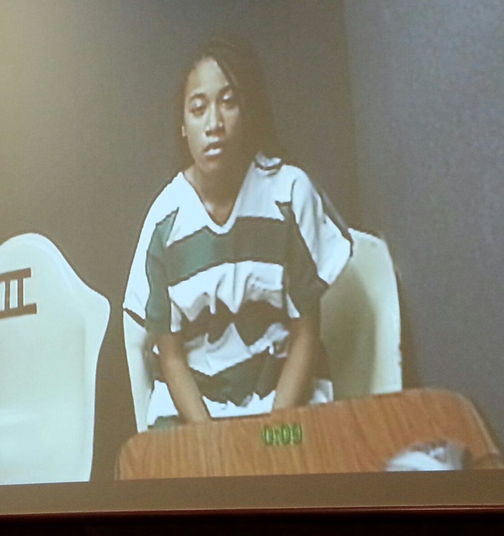 Delilah Evans is seen on screen during her arraignment. (credit: Jon Hewett./WWJ)