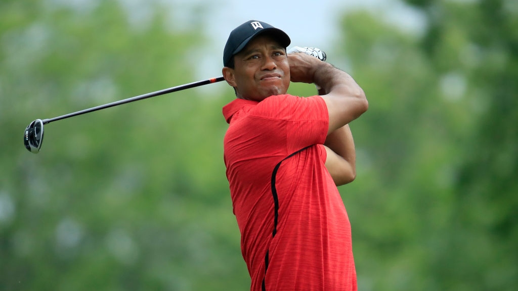 Tiger Woods watches his tee shot on the fifth hole during the final round of The Memorial Tournament Presented by Nationwide at Muirfield Village Golf Club on June 3, 2018 in Dublin, Ohio.